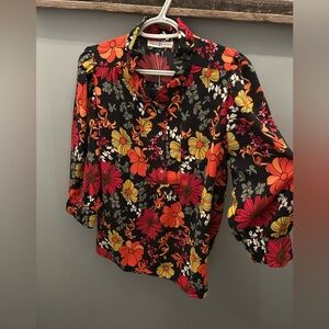 Womens Black Floral Button-Front Blouse with Orange & Yellow Blooms